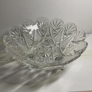 Vintage Cut Crystal Scalloped Footed Bowl – Heavy Pressed Glass Starburst Design